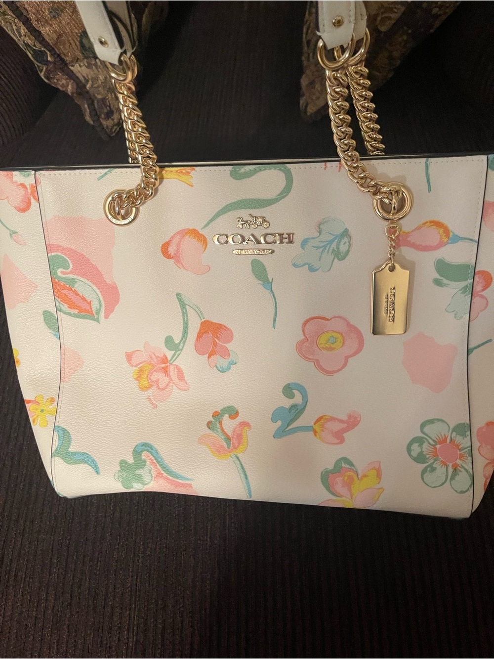 Coach Floral Print Shoulder Tote - Pastel Pink/Off White
